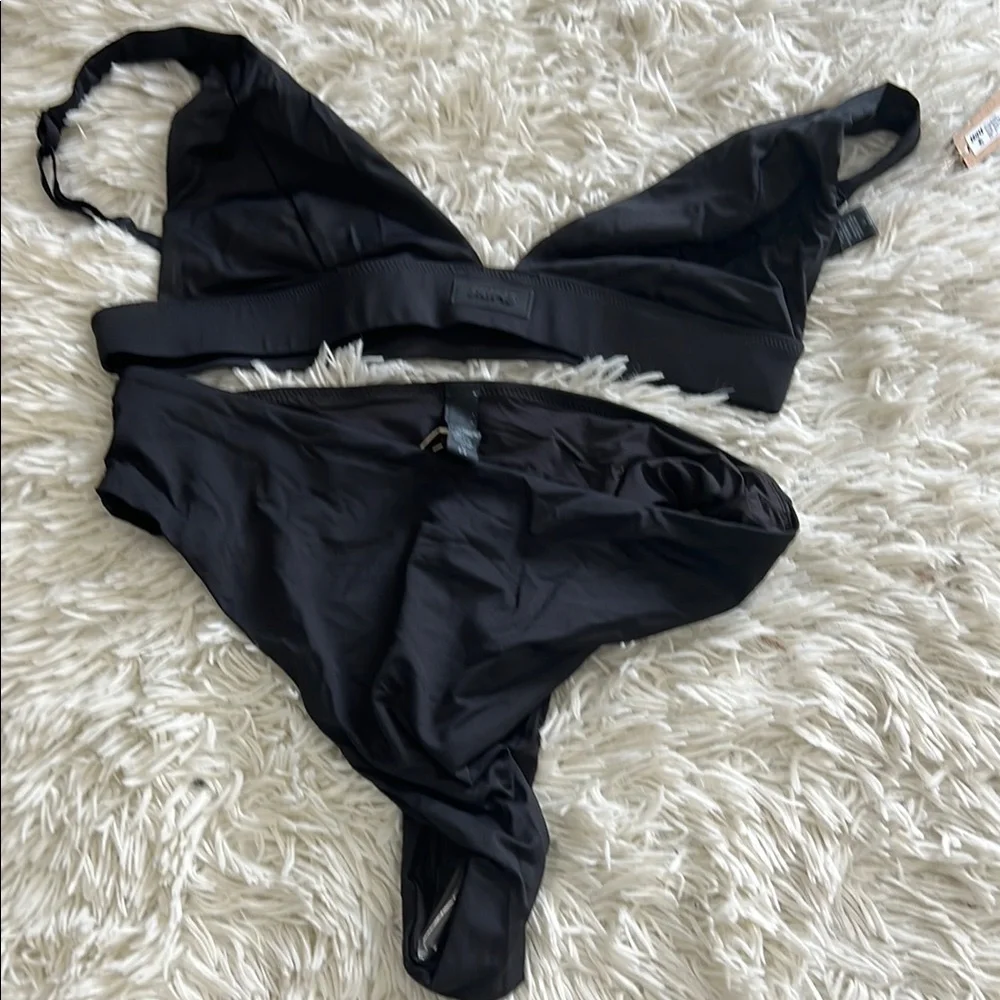 SKIMS SWIM PLUNGE BIKINI TOP AND MID WAIST BOTTOM IN ONYX